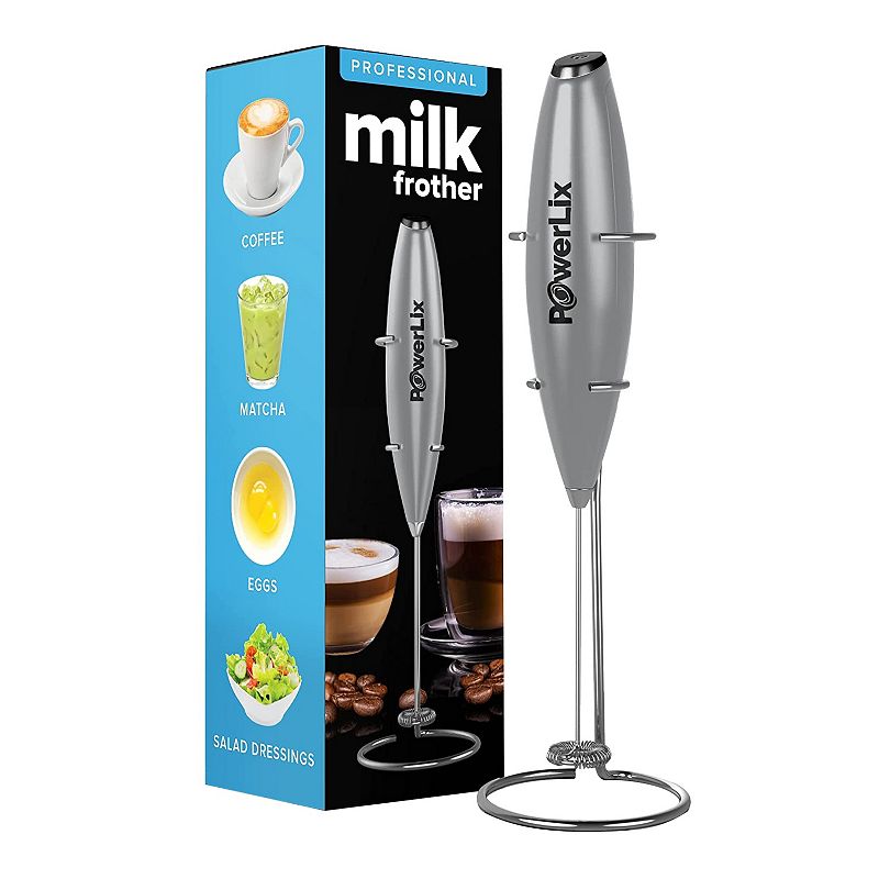 PowerLix Milk Frother Handheld Battery Operated Electric Whisk Foam Maker For Coffee - With Stainless Steel Stand Included