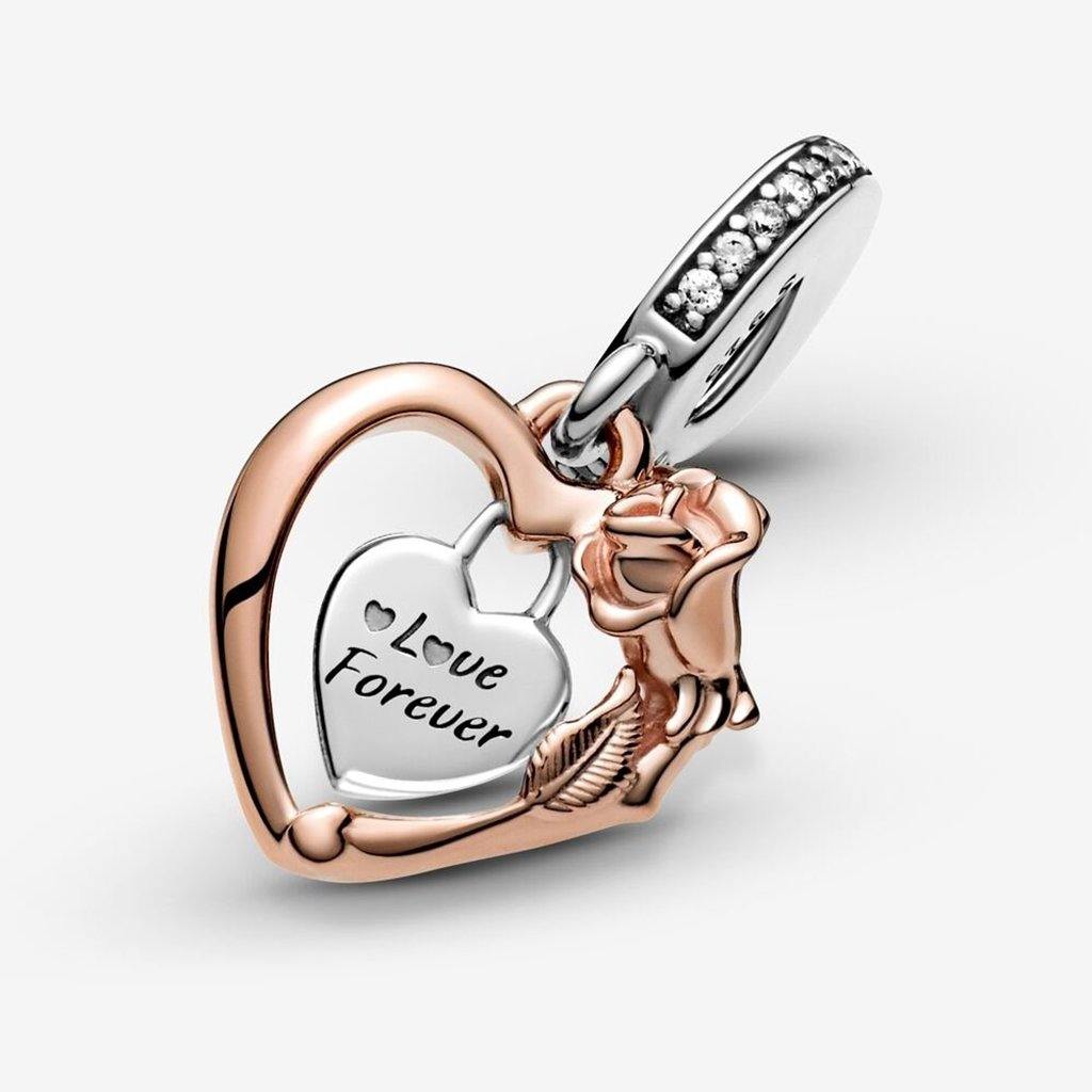 PANDORA  Heart & Rose Flower Dangle Charm