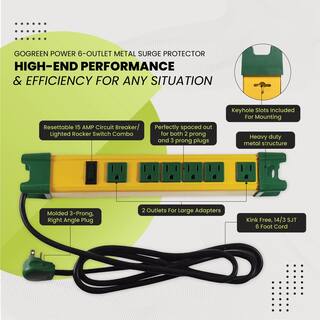 GoGreen Power 6 Outlet Metal Surge Protector w 6 ft. Heavy Duty Cord GG-26114