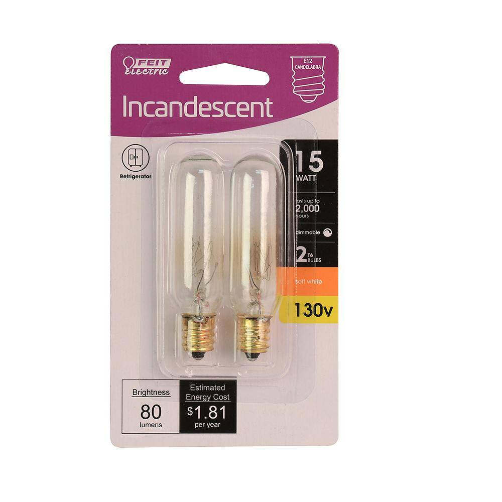 Feit Electric 15-Watt T6 Dimmable Candelabra E12 Base Incandescent Appliance Light Bulb Soft White 2700K (2-Pack) BP15T62-130HDRP