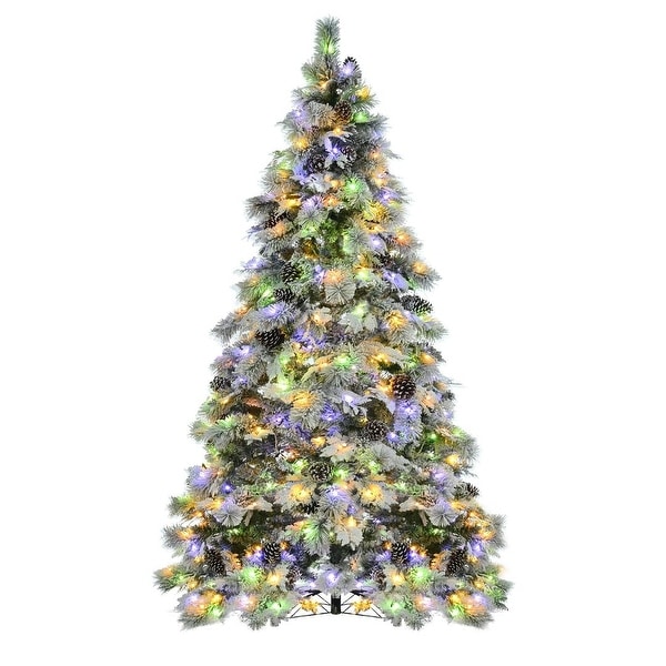 4/6/7.5FT PreLit Spruce Snow Flocked Christmas Tree，PE and PVC Artificial Lighted Xmas Tree with Cones，11 Flashing Modes