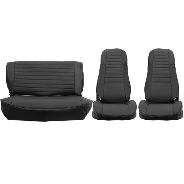 Kojem Black Faux Leather Seat Covers Compatible with 1976-1986 Jeep CJ7 CJ8 and Early YJ up to 1990 Front High-Back Bucket Seats and Rear Bench Seat