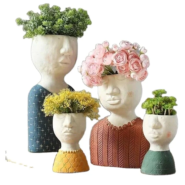 OEM art portrait face head garden supplies flowerpot resin planter human face flower pots unique vase decoration