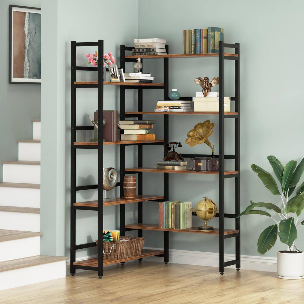 BYBLIGHT Eulas 70.8 in. Rustic Brown 8 shelf Industrial L-Shaped Corner Bookcase with Open Back for Home Office BB-K0067XL