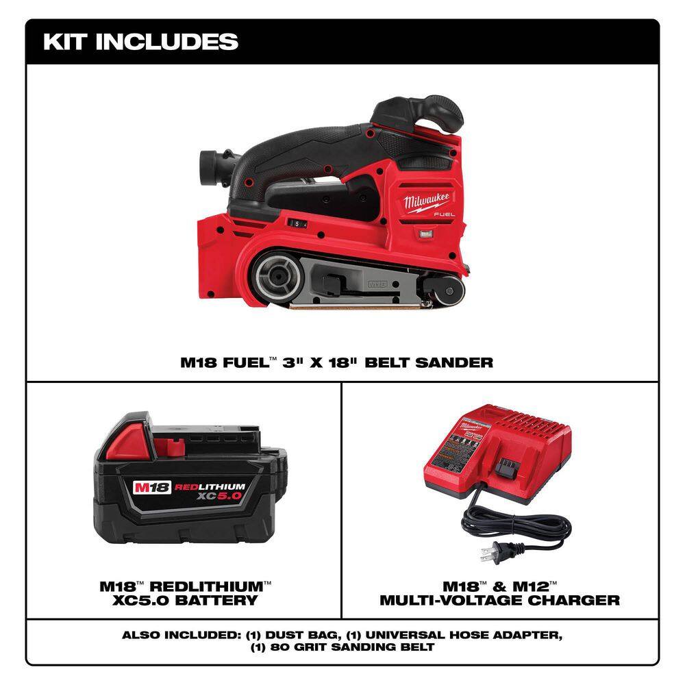 MW M18 FUEL 18-Volt Lithium-Ion Cordless Belt Sander with One 5.0 Ah Battery and Charger 2832-20-48-59-1850