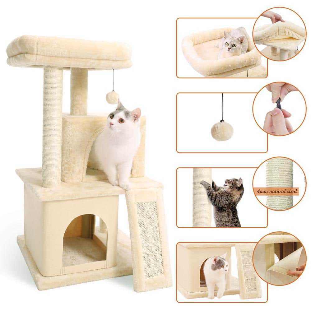 Foobrues Beige Cat Tree Sisal Scratching Post Plush Condo Playhouse with Dangling Toys L-W79632459