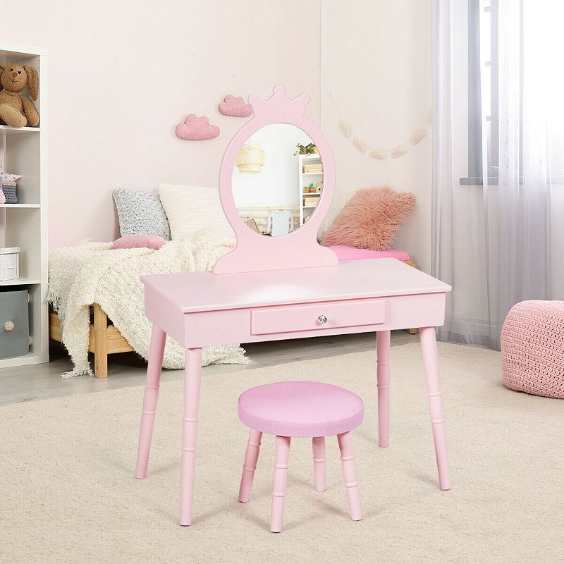 Kids Wooden Princess Makeup Table with Cushioned Stool