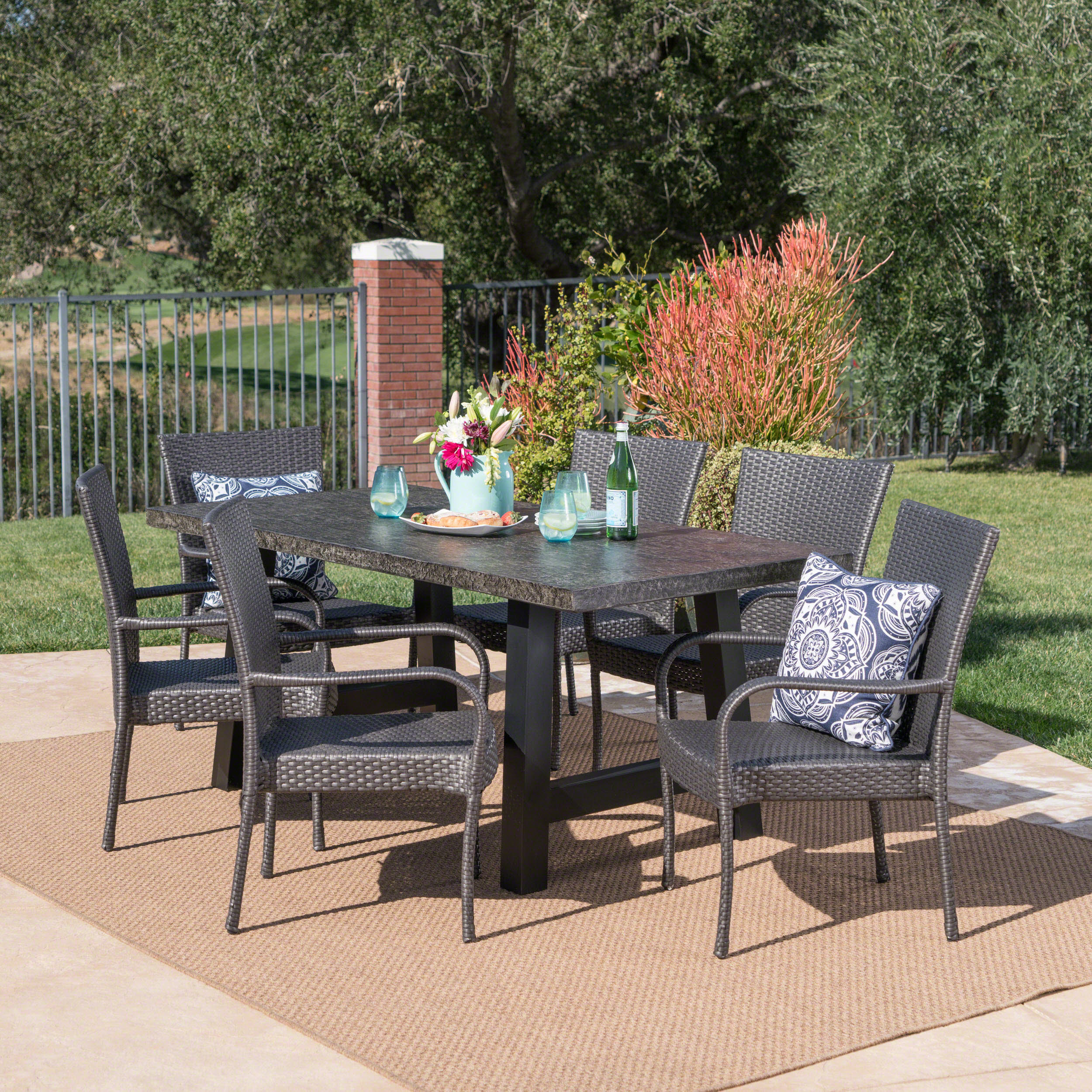 Blease Outdoor 7 Piece Stacking Gray Wicker and Concrete Dining Set