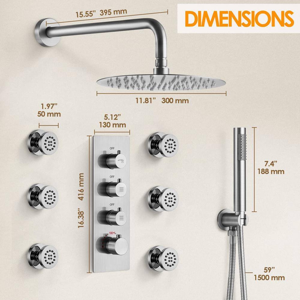 GRANDJOY Luxury Thermostatic 7-Spray Wall Mount 12 in. Fixed and Handheld Shower Head 2.5 GPM in Brushed Nickel 125 SRM6379NI-12BL