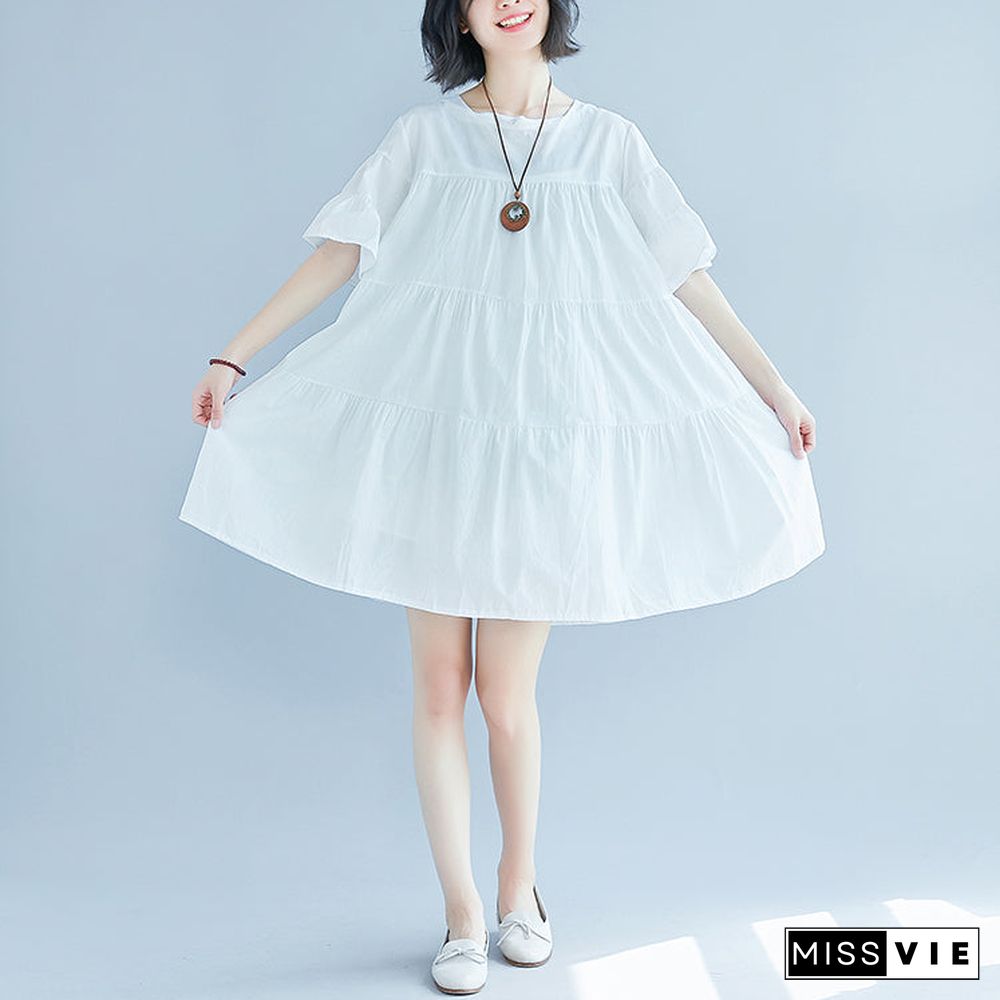 vintage white plus size casual dress casual trumpet sleeves a line skirts o neck cotton dress