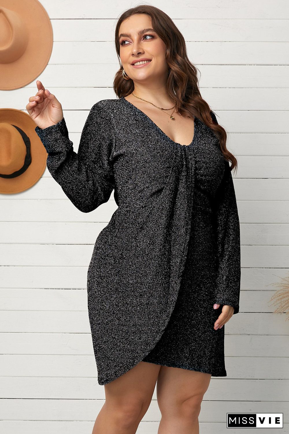 Asymmetric Hemline V Neck Metallic Plus Size Dress