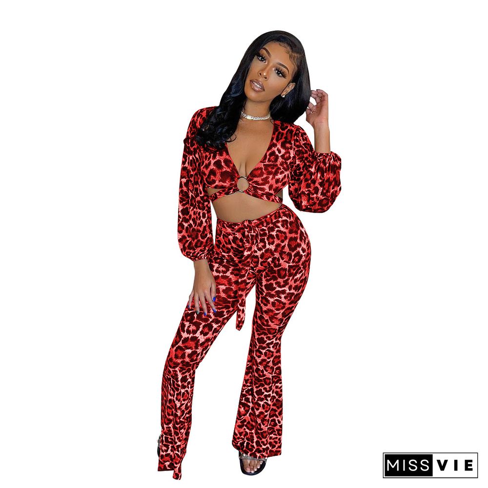 Sexy Leopard Print Long Sleeve V Neck Bandage Crop Top Long Pant Women Streetwear Two Piece Set