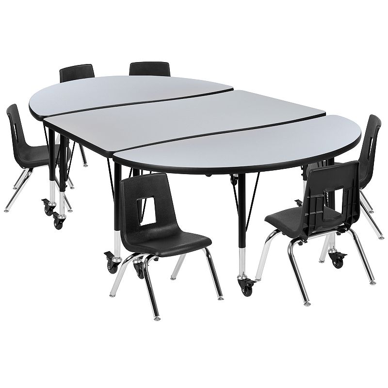 Emma and Oliver Mobile 76 Oval Wave Activity Table Set-14 Student Stack Chairs， Grey/Black