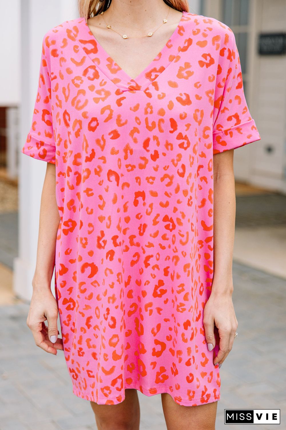 Pink Leopard Print V Neck Shift T-shirt Dress