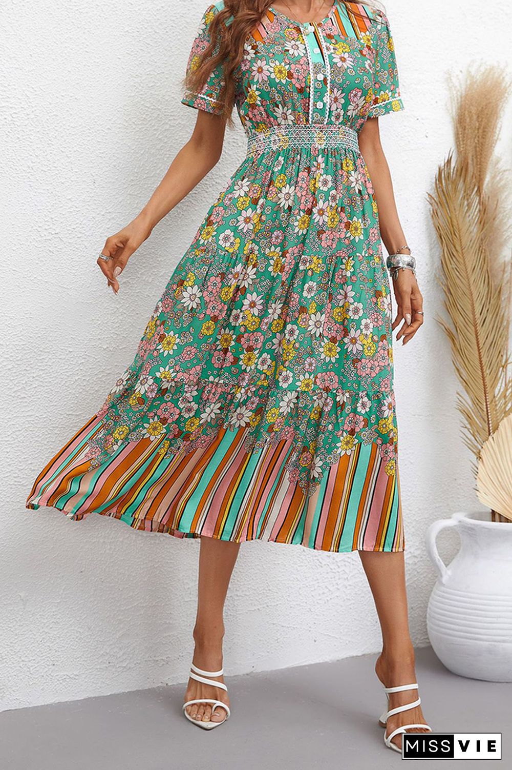 Flower And Stripes Printinig Patchwork Bohemia Dress