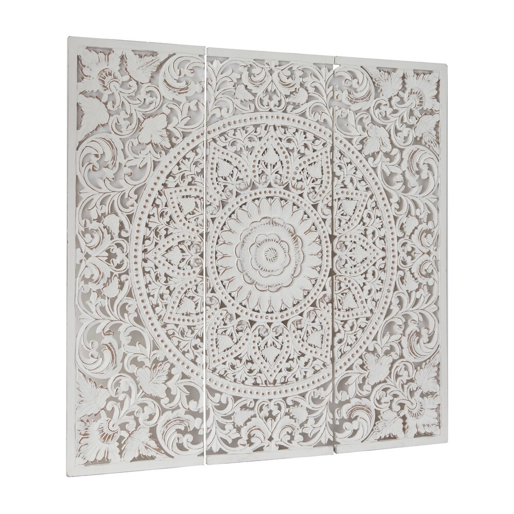 Wood Bohemian Carved Floral Wall Decor ( Set of 3)