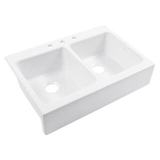 SINKOLOGY Josephine 34 in. Quick-Fit Drop-In Farmhouse Double Bowl Crisp White Fireclay Kitchen Sink SK453-34FC