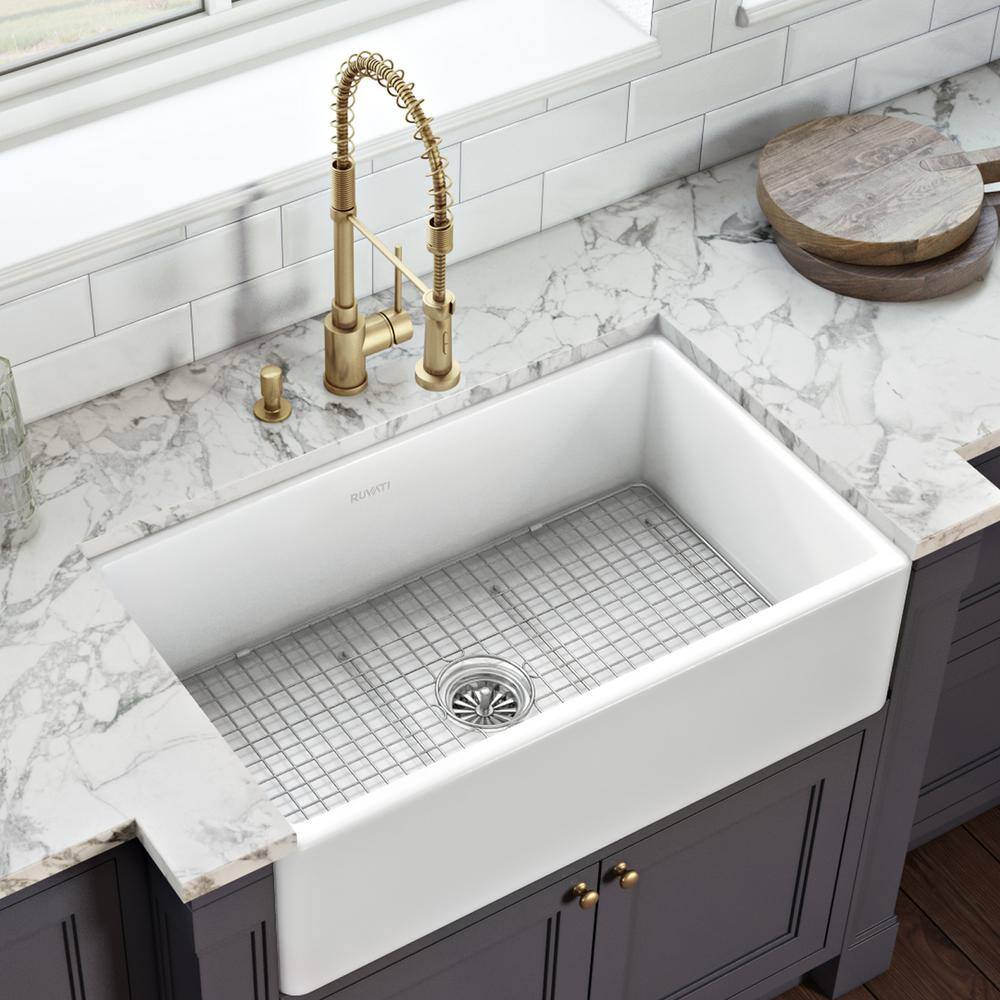 Ruvati Farmhouse Apron-Front Fireclay 33 in. x 20 in. Reversible Single Bowl Kitchen Sink in White RVL2300WH