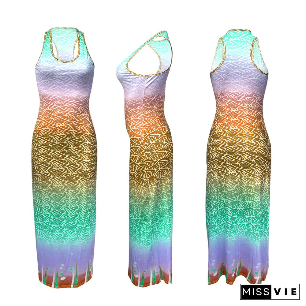 Summer Gradient Color Printing Women Ankle-Length Dresses