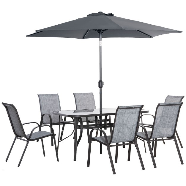 Outsunny 8 Piece Patio Furniture Set With Umbrella Outdoor Dining Table And Chairs 6 Chairs Push Button Tilt And Crank Parasol Glass Top Gray