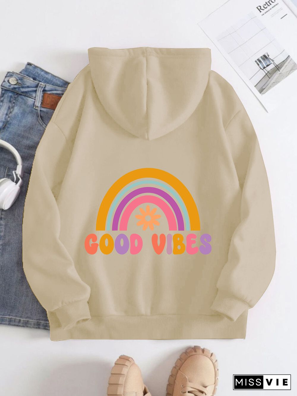 Printed on the Back Kangaroo Pocket Hoodie Long Sleeve for Women Pattern good vides