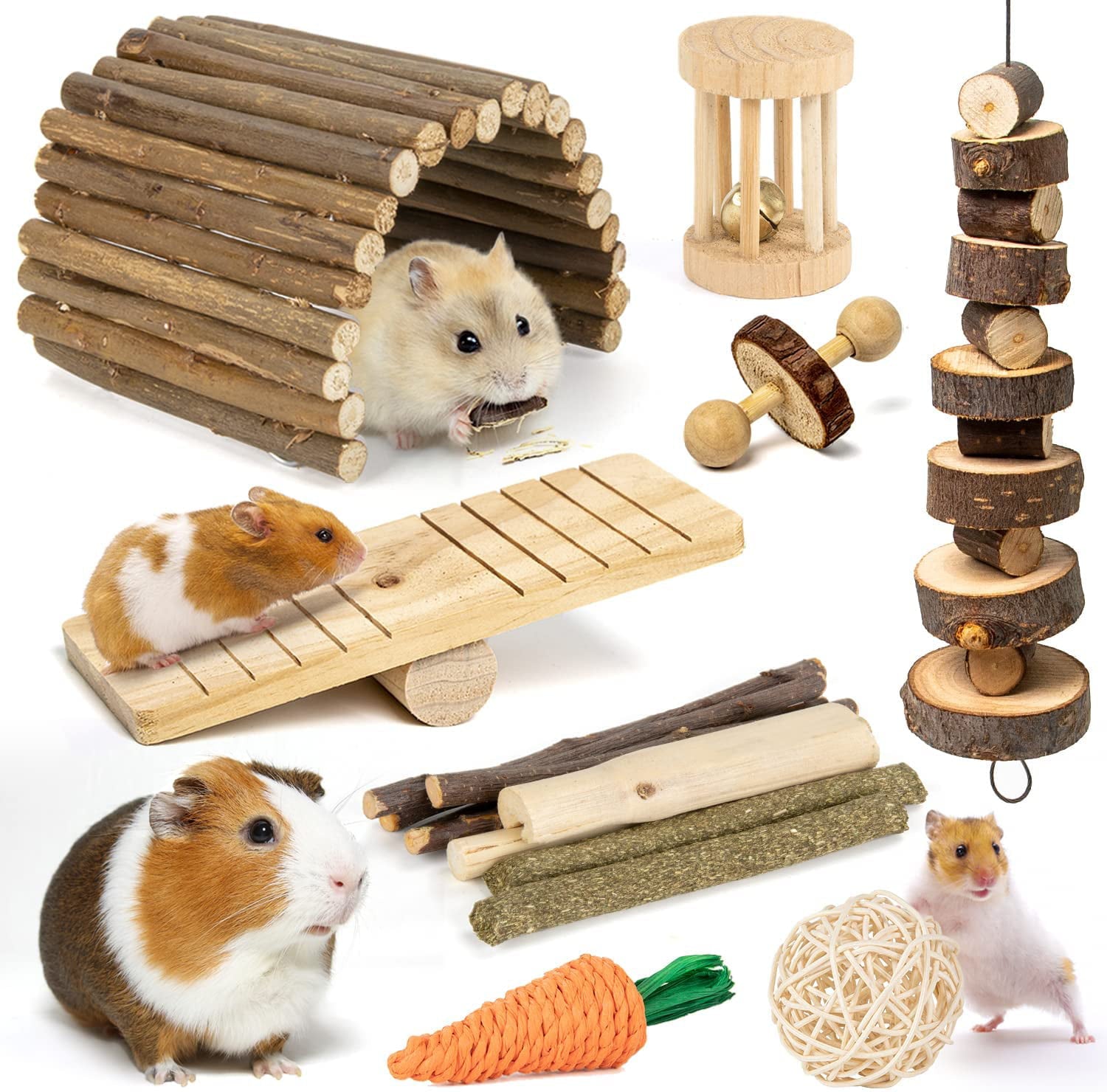 Yiamia Hamster Toys Guinea Pig Toys Hamster Accessories Natural Chews for Teeth Rabbit Bunny Rat Chinchilla Wood Hamster Hideout Apple Wood Timothy Hay Sticks