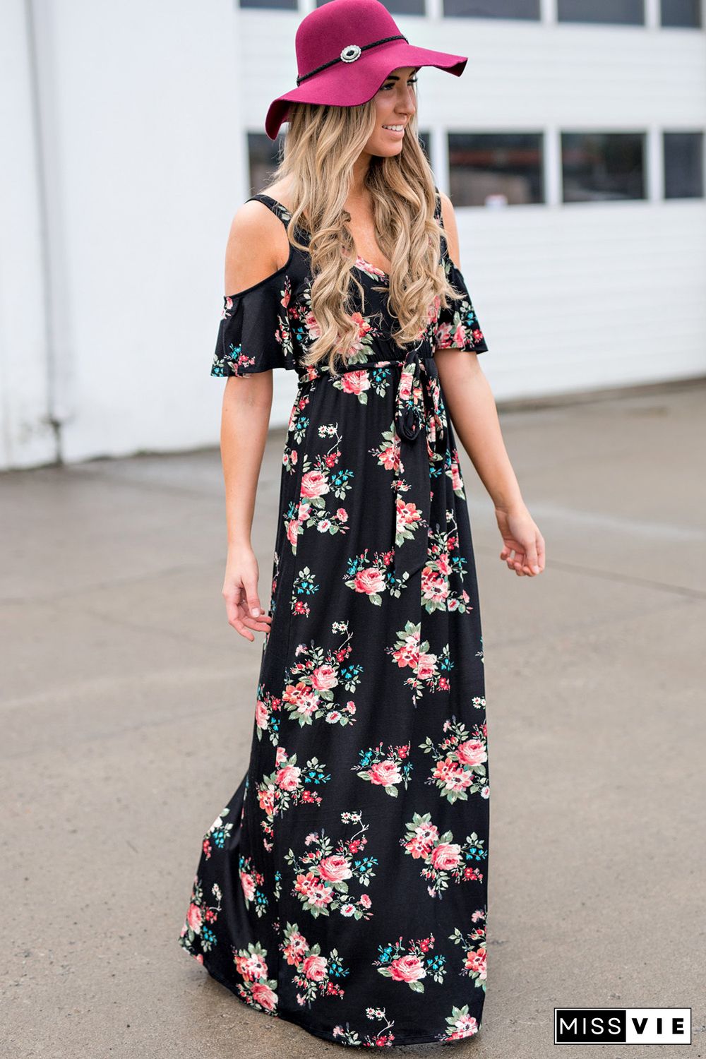 Black Cold Shoulder High Waist Floral Dress with Belt