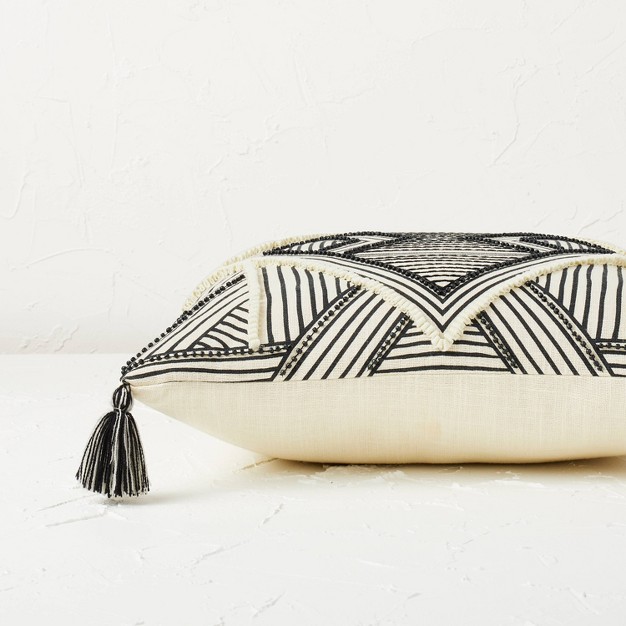 Square Embellished Geometric Decorative Throw Pillow Off white black Designed With Jungalow