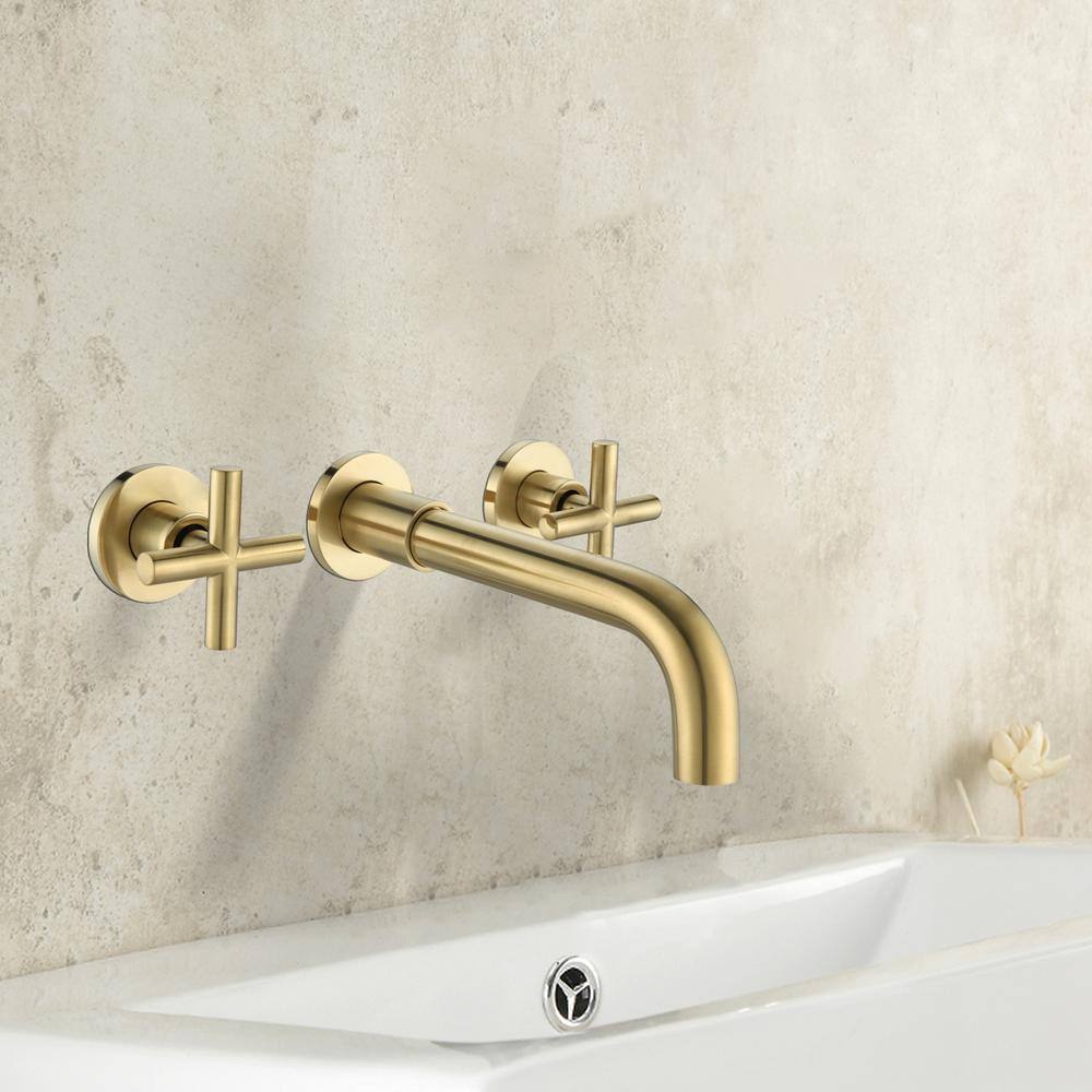 Satico Contemporary Double Handle Wall Mount Bathroom Faucet in Brushed Gold GB8008