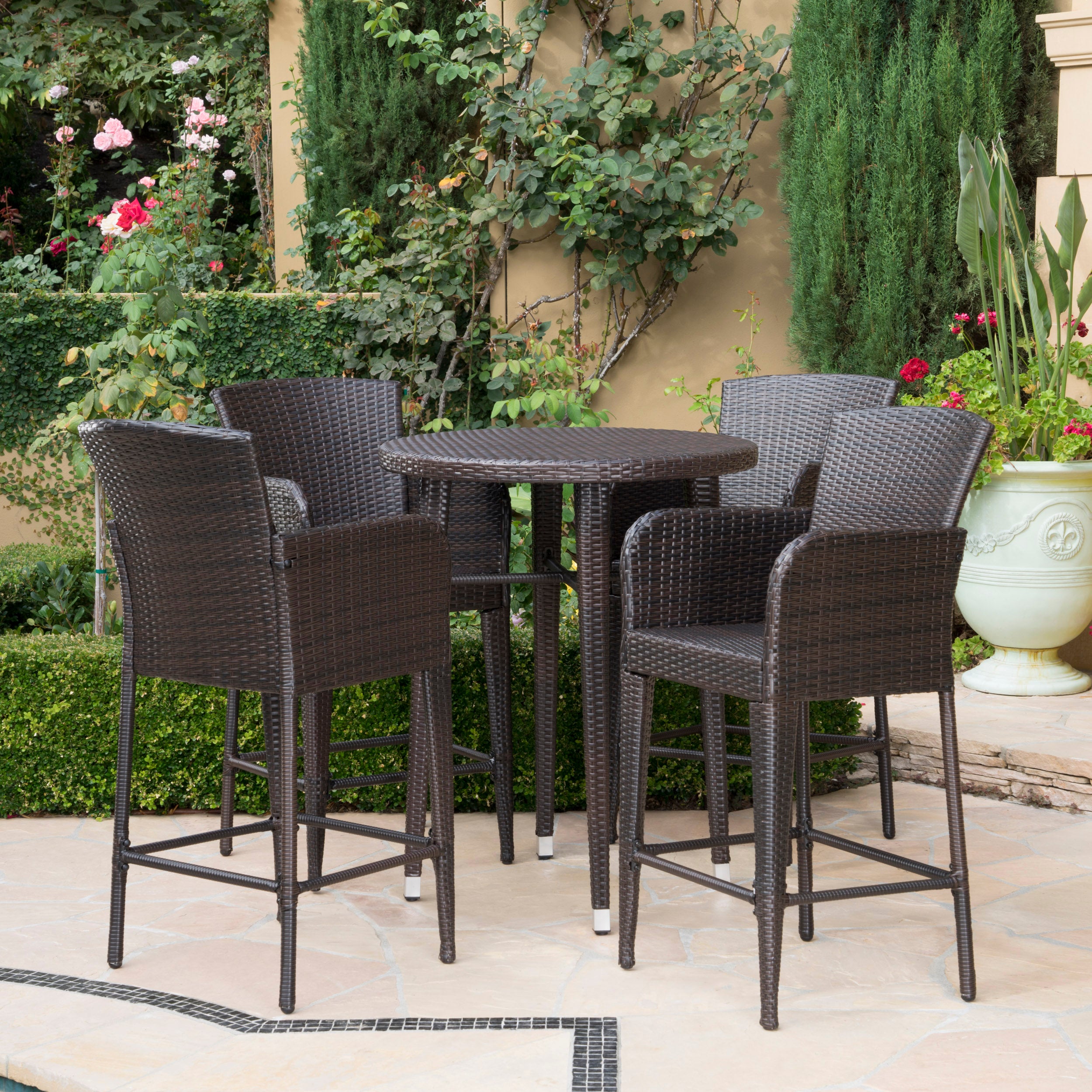 Callum Outdoor 5 Piece Wicker Bar Set, Multi-Brown