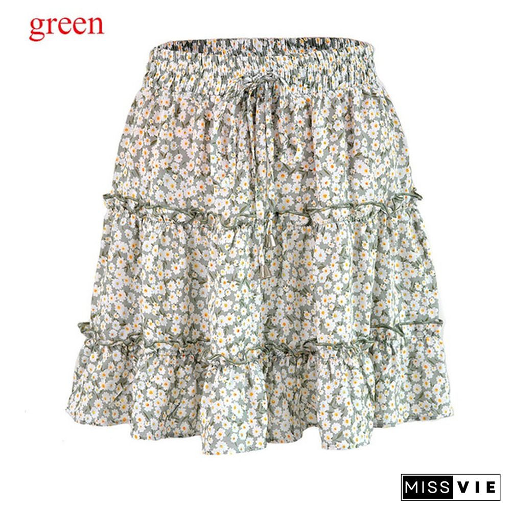 New Women Y2K Sweet Skirts Summer High Waist Falbala Floral Printing Skirts Beach Essential Womens Fashion Mini Skirt