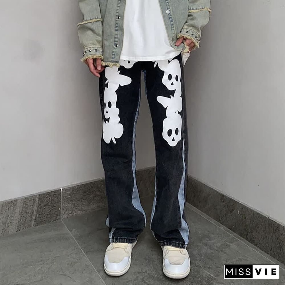 Dark Skull Print Loose Denim Pants