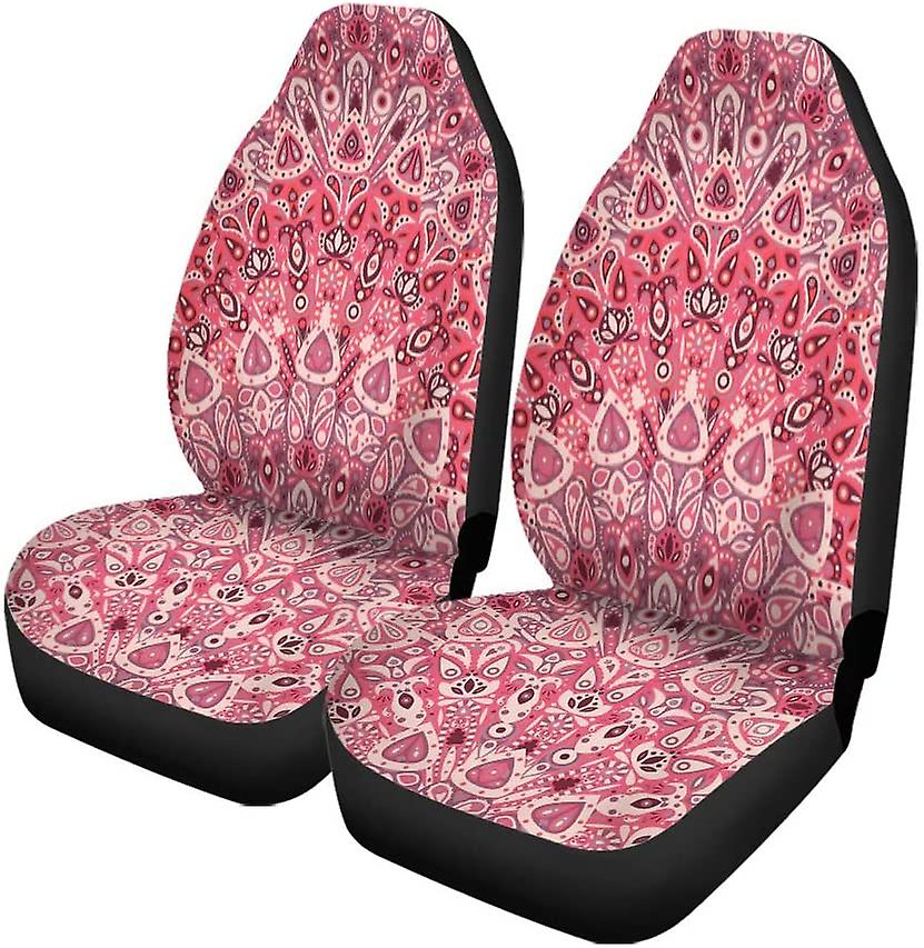 Set Of 2 Car Seat Covers Abstract Round Mandala Ottoman Pink Floral Pattern Universal Auto Front Seats Protector Fits