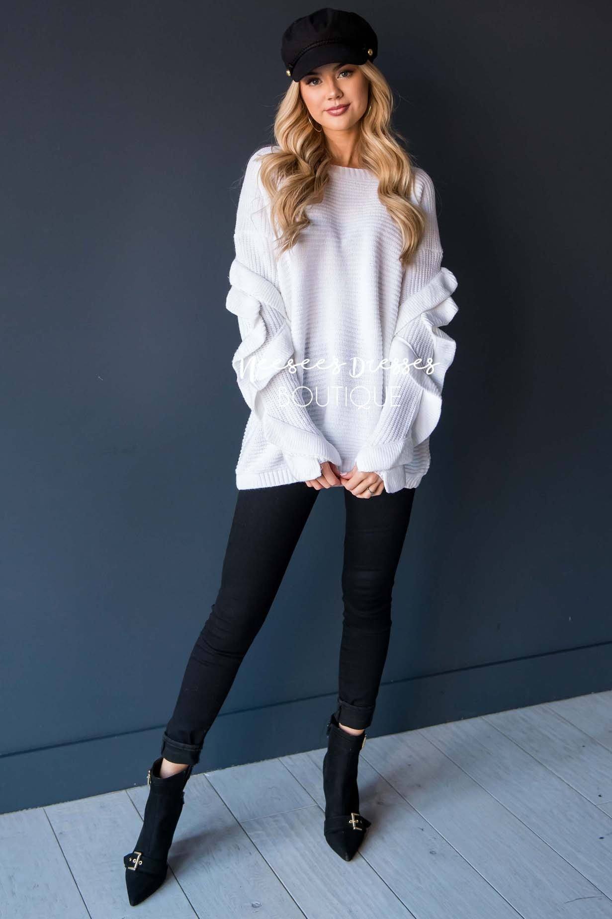 White Ruffle Sleeve Sweater