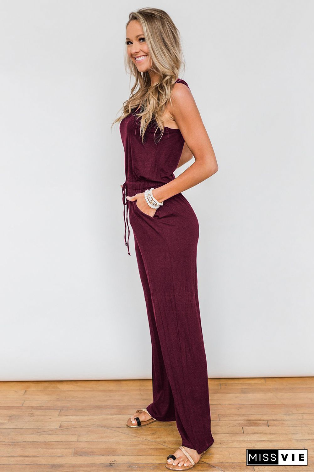 Wine Red Split Neck Drawstring Waist Sleeveless Jumpsuit