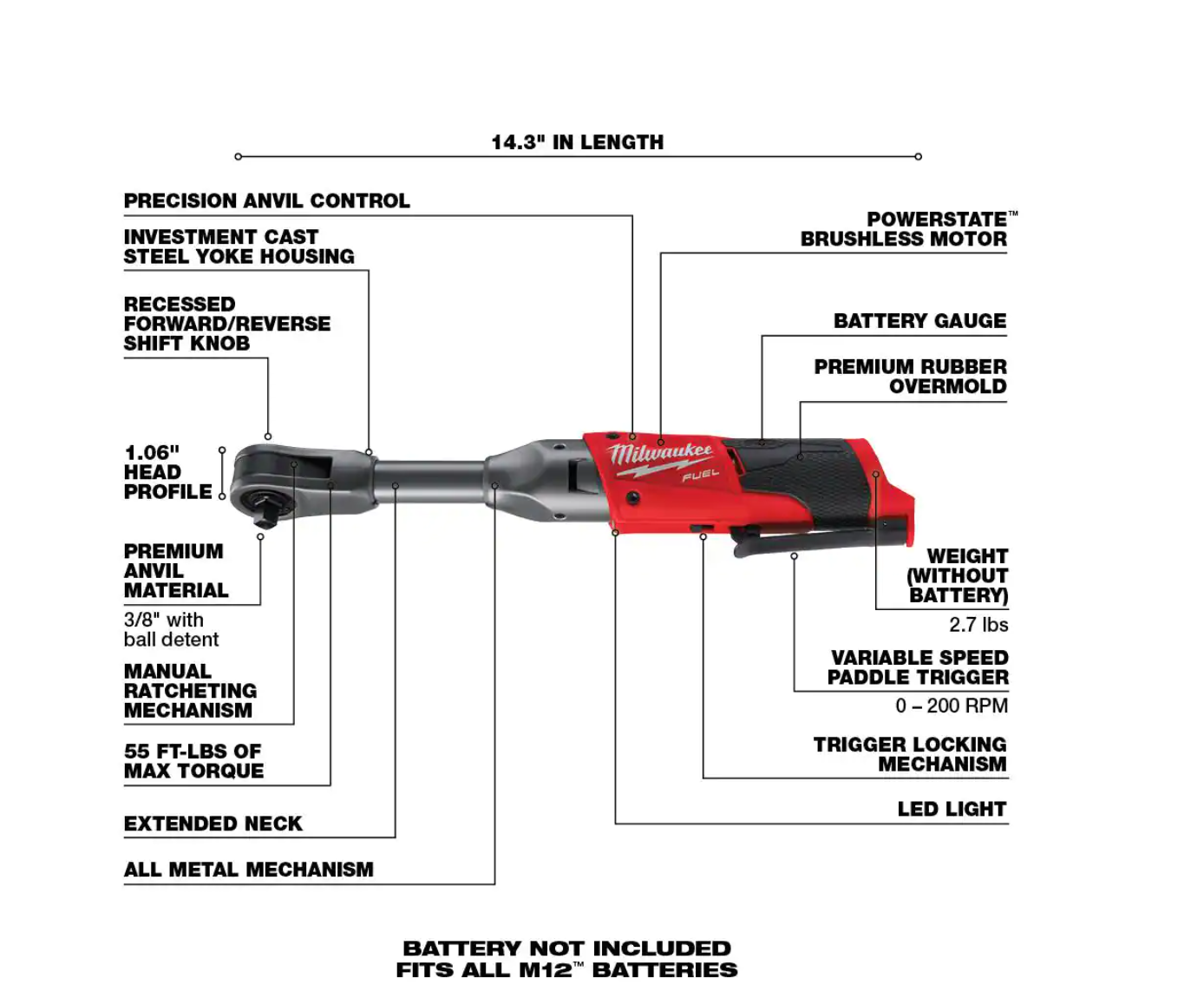 Milwaukee 2554-20-2567-20-2560-20 M12 FUEL 12V Li-Ion Cordless 3/8 in. Impact Wrench w/3/8 in. High Speed Ratchet and 3/8 in. Extended Reach Ratchet