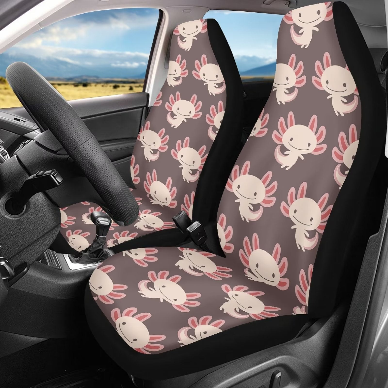 FKELYI Pink Axolotls Front Car Seat Cover Set for Ladies and Men，Waterproof Auto Interior Seat Accessories Set of 2，Universal Soft Car Interior Cushion Accessories for Cars