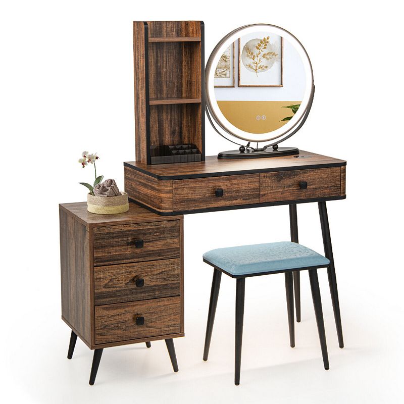 Vanity Table Set With 3-color Lighted Mirror And Cushioned Stool