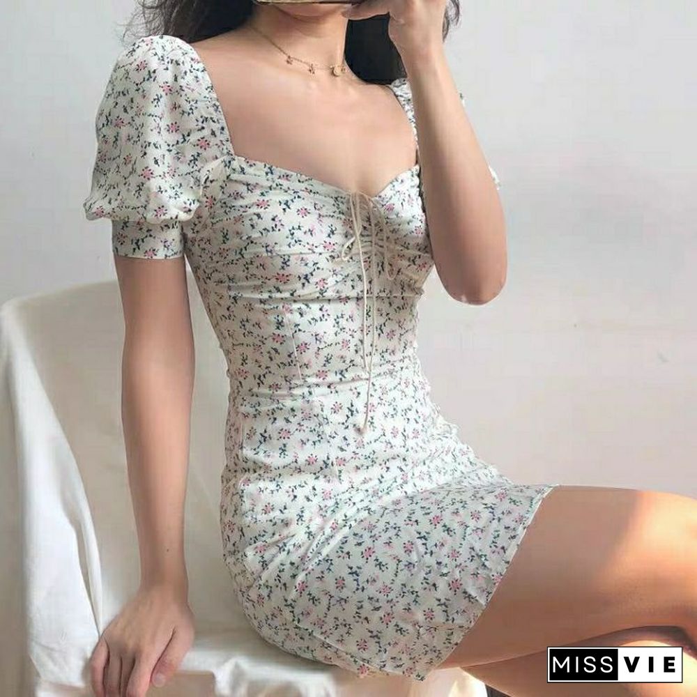 Summer Boho Tie Neck Floral Print Mini Sexy WhiteBodycon DressWomenCasual Elegant Puff Sleeve Party DressesY2kAutumnRobe