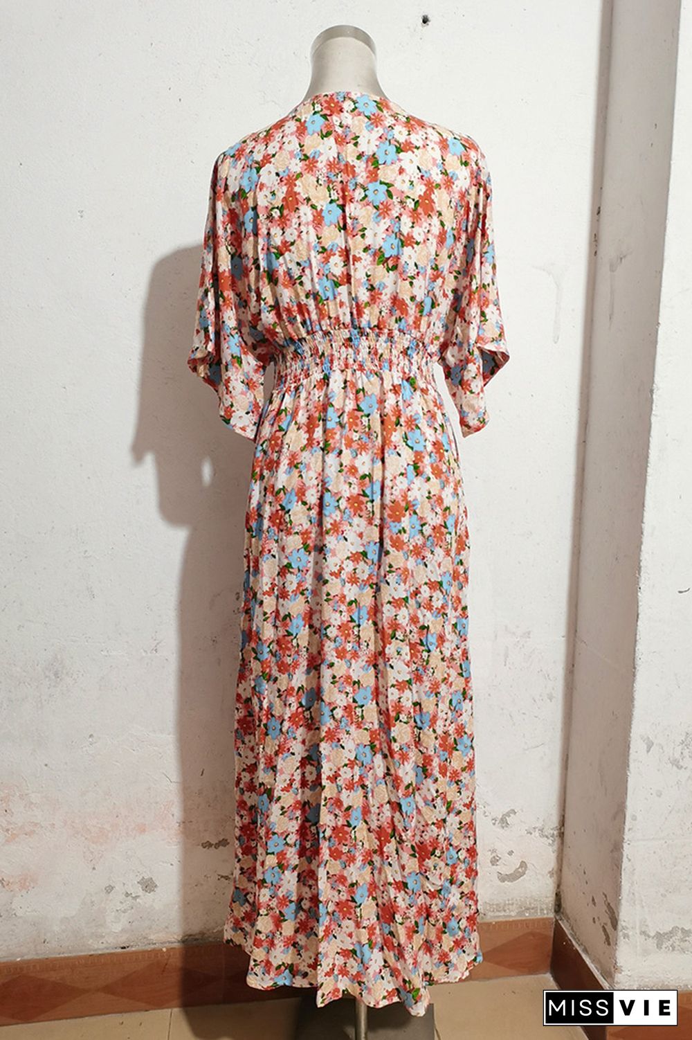 Pink Floral V Neck Flare Sleeves Split Maxi Dress