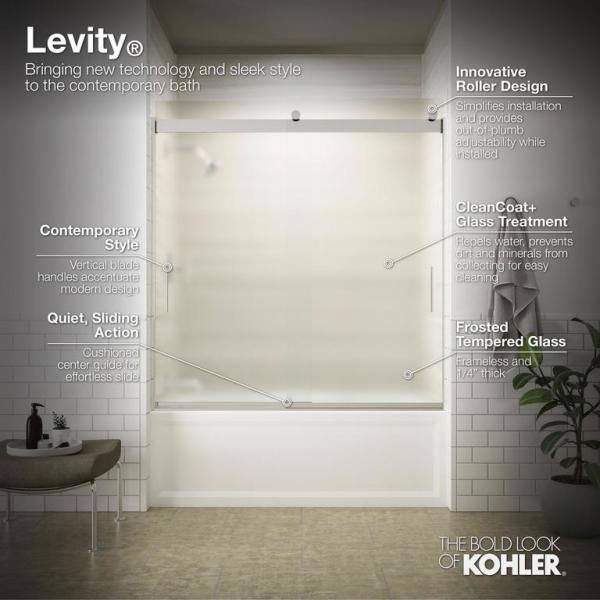 KOHLER Levity 59 in. W x 62 in. H emi-Frameless Sliding Tub Door in Nickel with Blade Handles K-706000-D3-MX