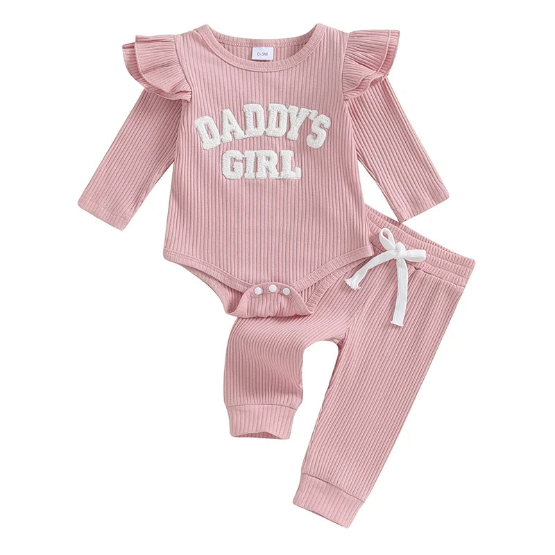 Daddys Girls Baby Clothes 3 6 9 12 18 Month Ribbed Romper Ruffle Long Sleeve  Pants Newborn Outfits Clothing Set