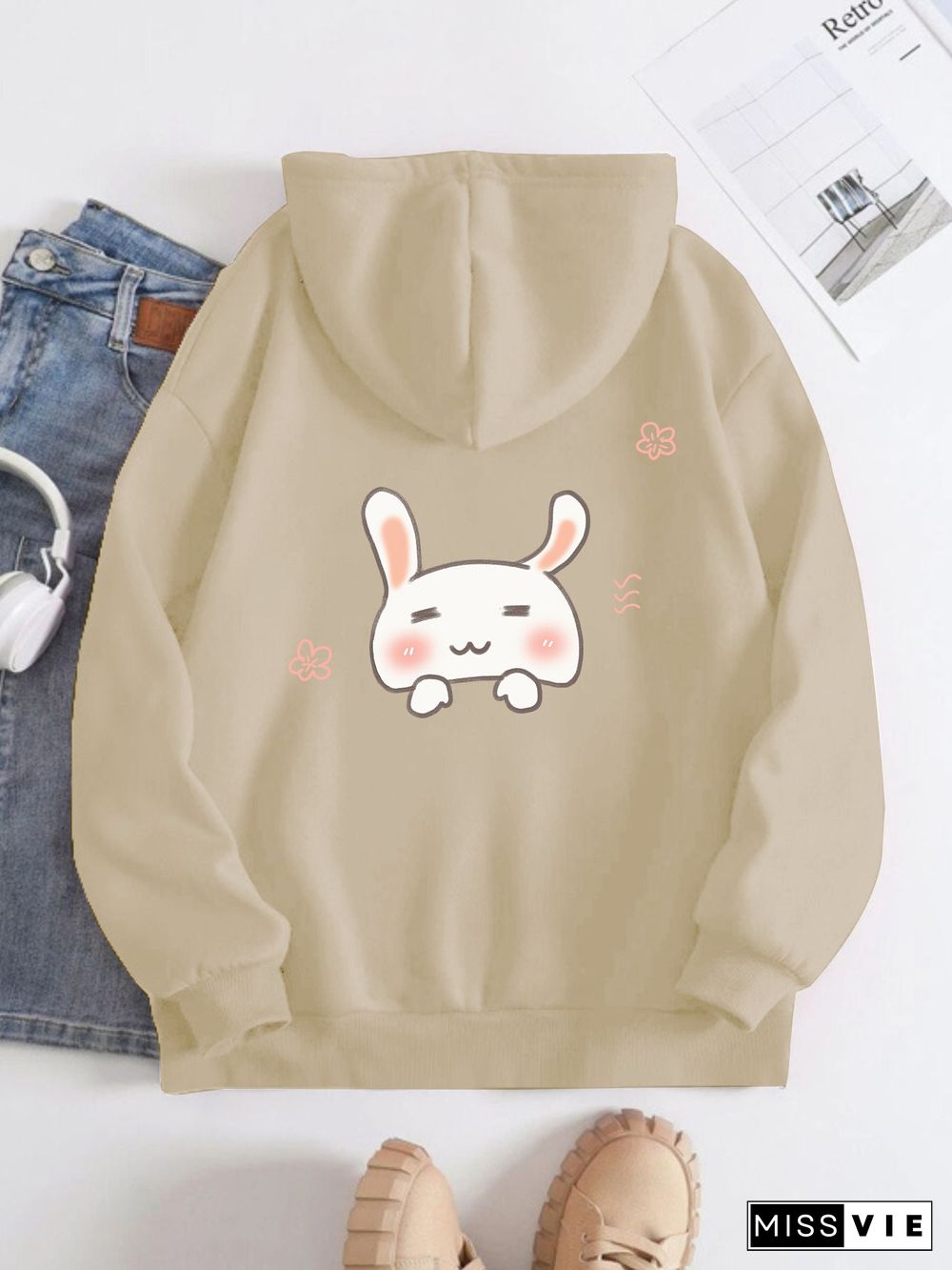 Printed on the Back Kangaroo Pocket Hoodie Long Sleeve for Women Pattern Cute Rabbit Head