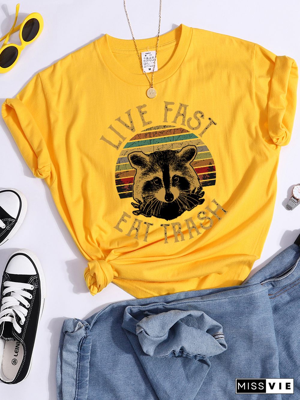 Live Fast Eat Trash Stray Raccoon Print Women T Shirt Fashion Casual Tshirt Street Hip Hop Crop Top Harajuku Sport Cool T-Shirts