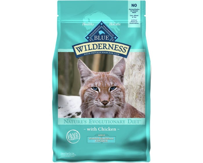 Blue Buffalo Wilderness High Protein Grain Free， Natural Adult Indoor Hairball Control Dry Cat Food， Chicken 5 lb.