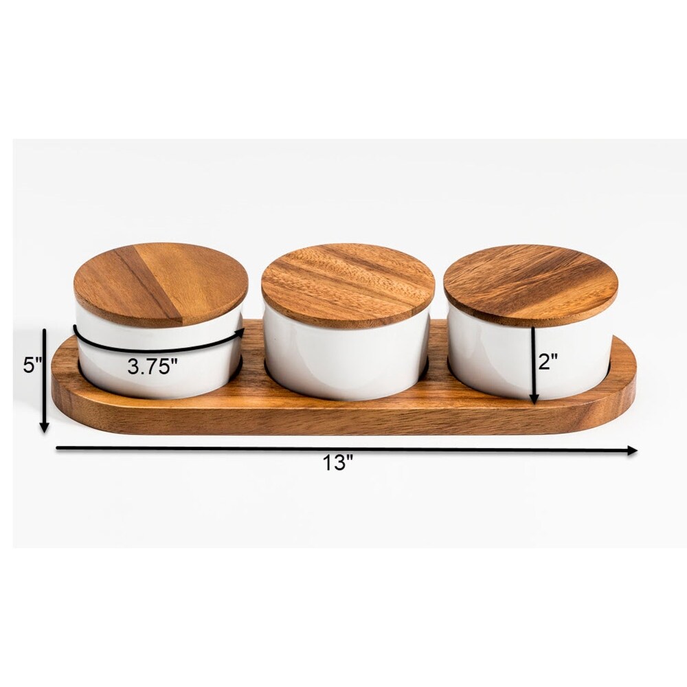 Ceramic Condiment Set on Acacia Wood Base with Lids