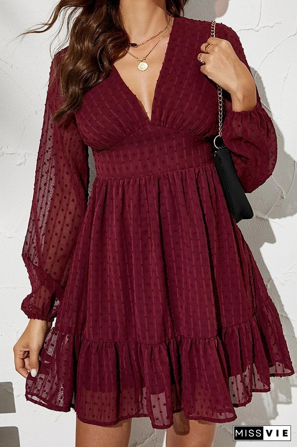 V Neck Lace Mesh Ruffle Smocked Dress