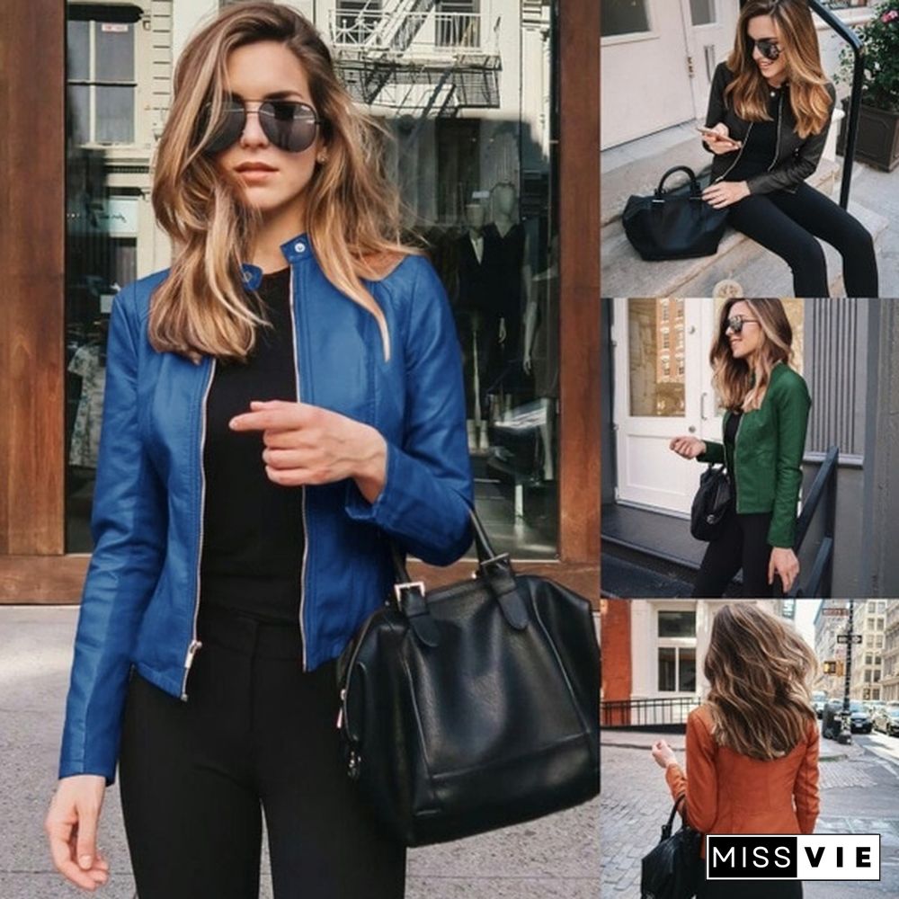 Women Spring Zipper Casual PU Leather Soft Motorcycle Leather Jacket Coat