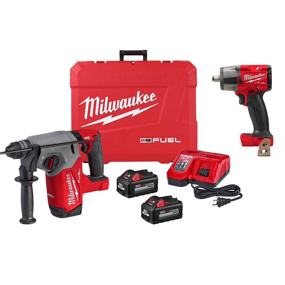 MW M18 FUEL 18-Volt Lithium-Ion Brushless 1 in. Cordless SDS-Plus Rotary Hammer Kit wFUEL 12 in. Impact Wrench 2912-22-2962-20