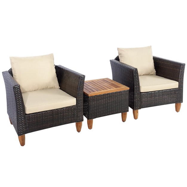 Tangkula 3 Pieces Outdoor Rattan Furniture Set Wicker Bistro Set Wooden Table Top With Cushions